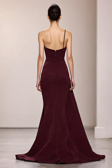 Burgundy Satin Mermaid Long Evening Dress With Slit